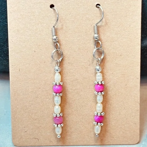 Stainless Steel Dangle Earrings Freshwater Pearls & Crackle Quartz Hand Made - Picture 1 of 11